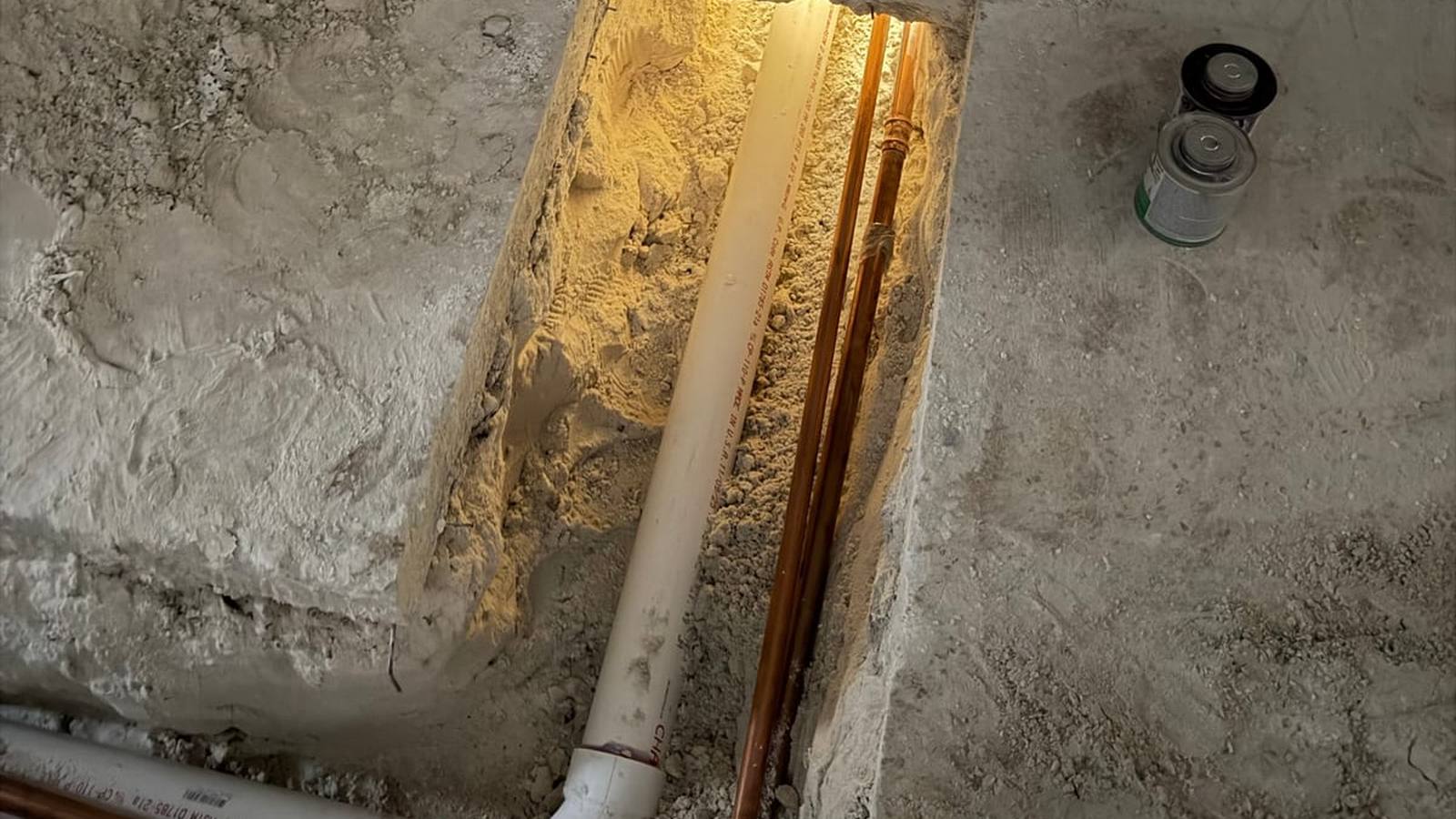 New drain and copper lines in an opened slab during a Miami Dade Plumbing repair