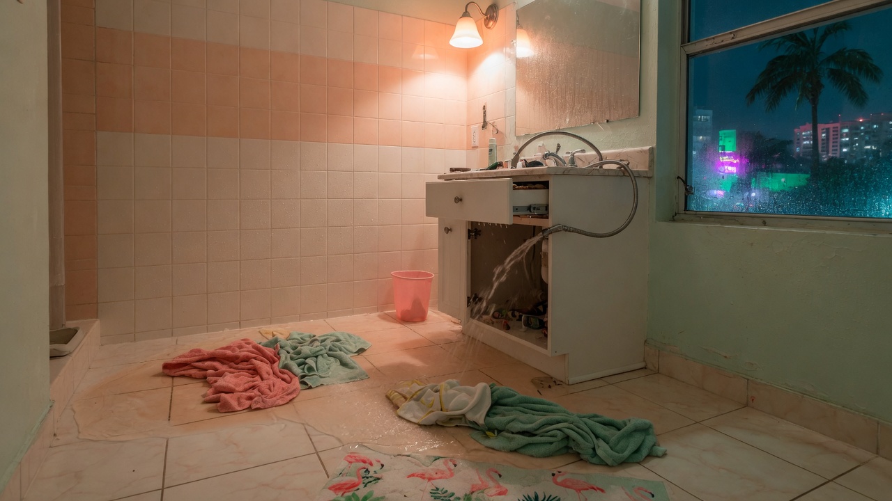Burst supply line flooding a Miami bathroom